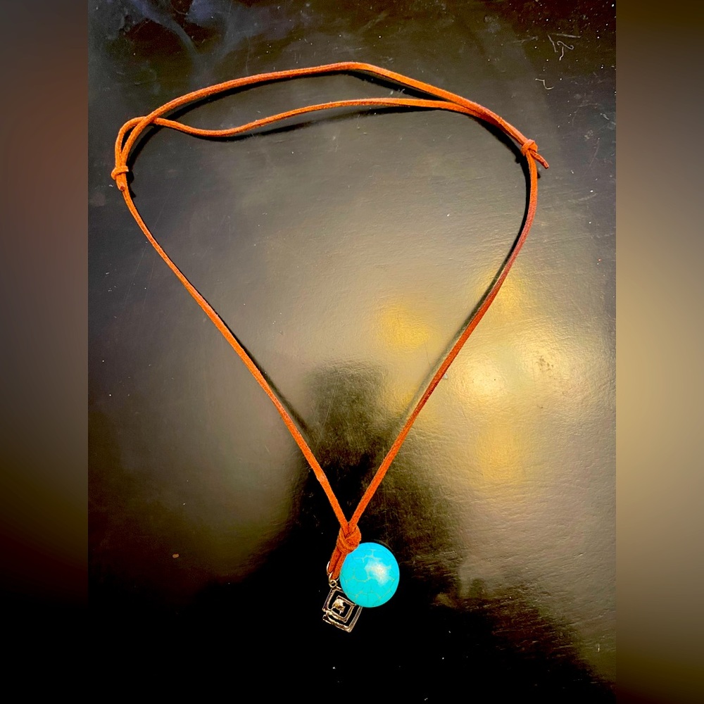 Boho leather adjustable cord necklace w/turquoise cabochon & silver detail